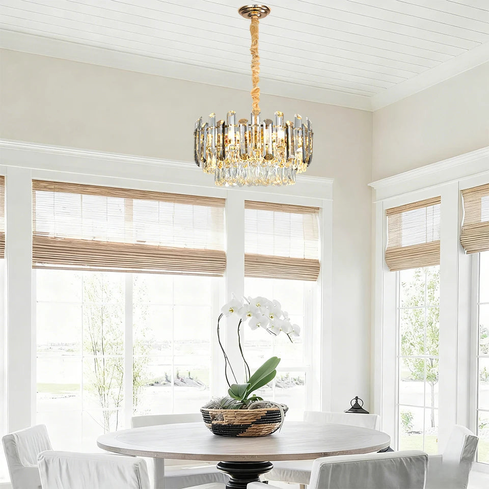 Gold Crystal Chandelier – Adjustable Round K9 Crystal Chandelier – Modern Crystal Chandelier Suitable for Dining Room, Living Room, Kitchen Island, Bedroom, Foyer, and Entryway (Bulbs Not Included)