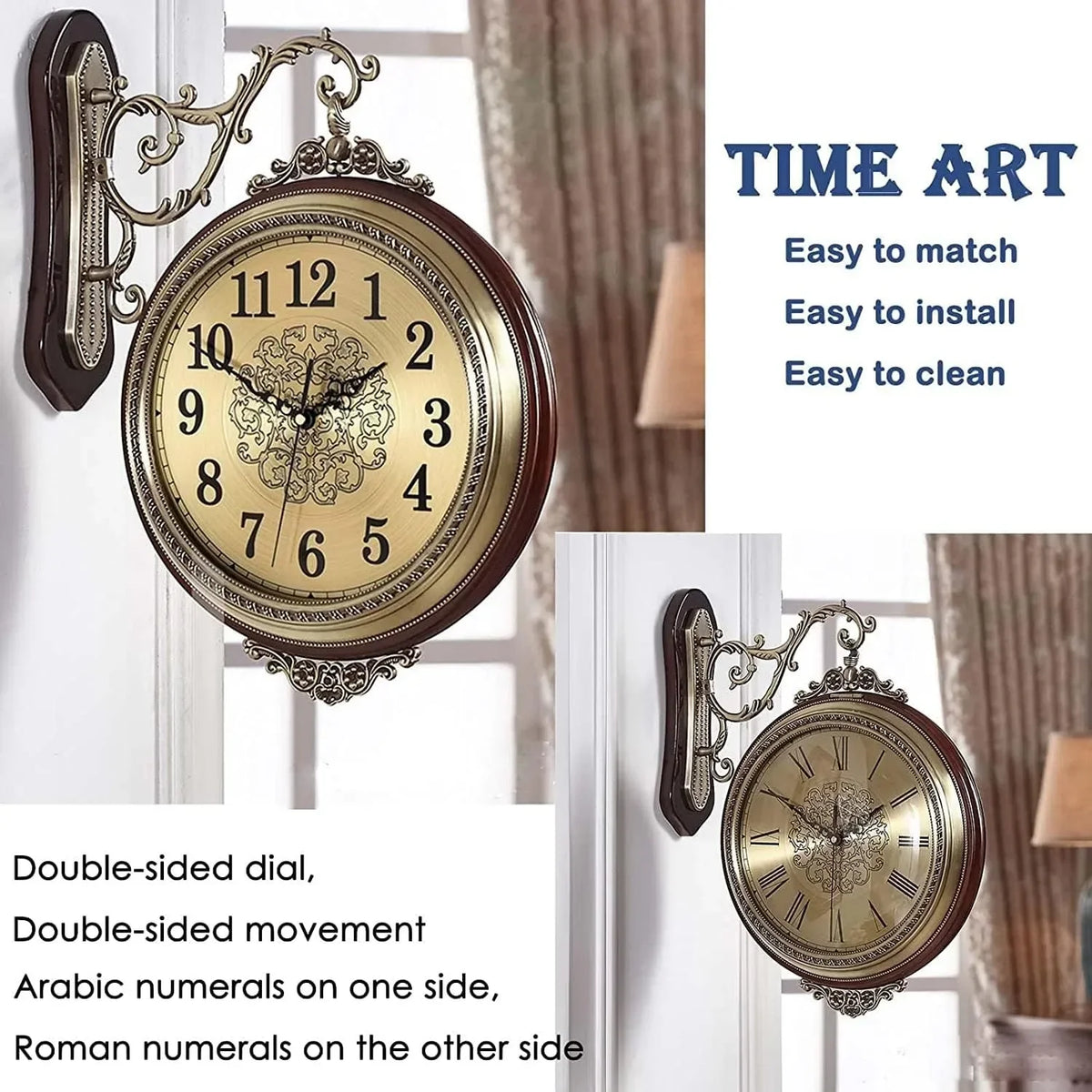 Double Sided Silent Vintage European Style Wall Clock