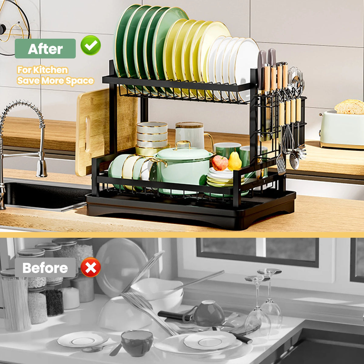 Rustproof 2 Tier Dish Drainer Rack Utensil Holder Drip Tray