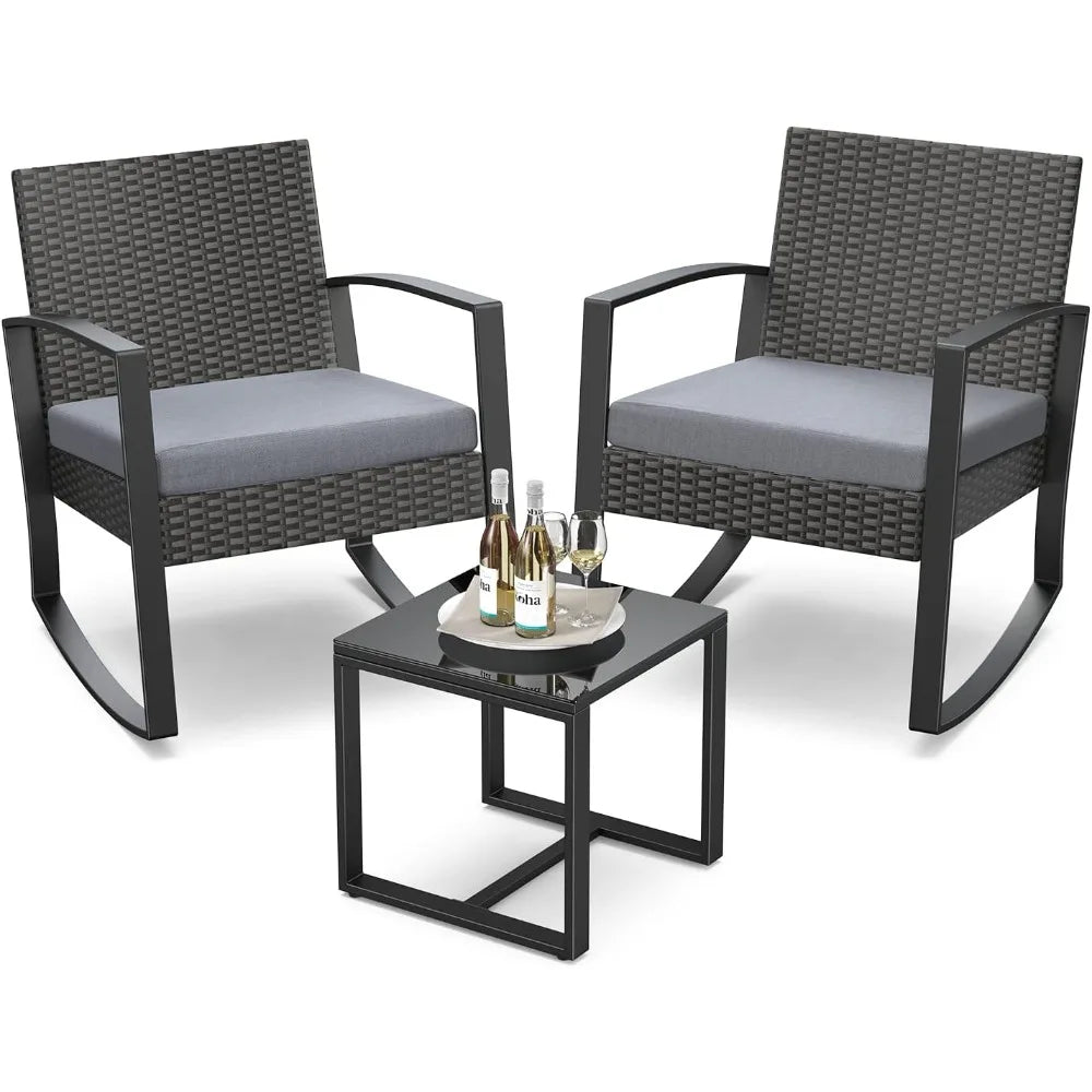 3 Pieces Patio Furniture Set Rocking Bistro Set Outdoor Rattan Conversation with Coffee Table for Garden Balcony Backyard Poolsi