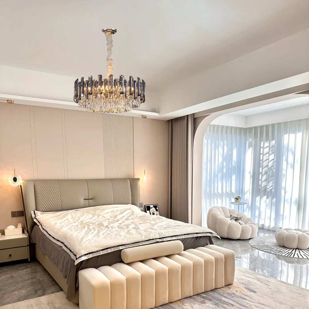Gold Crystal Chandelier – Adjustable Round K9 Crystal Chandelier – Modern Crystal Chandelier Suitable for Dining Room, Living Room, Kitchen Island, Bedroom, Foyer, and Entryway (Bulbs Not Included)