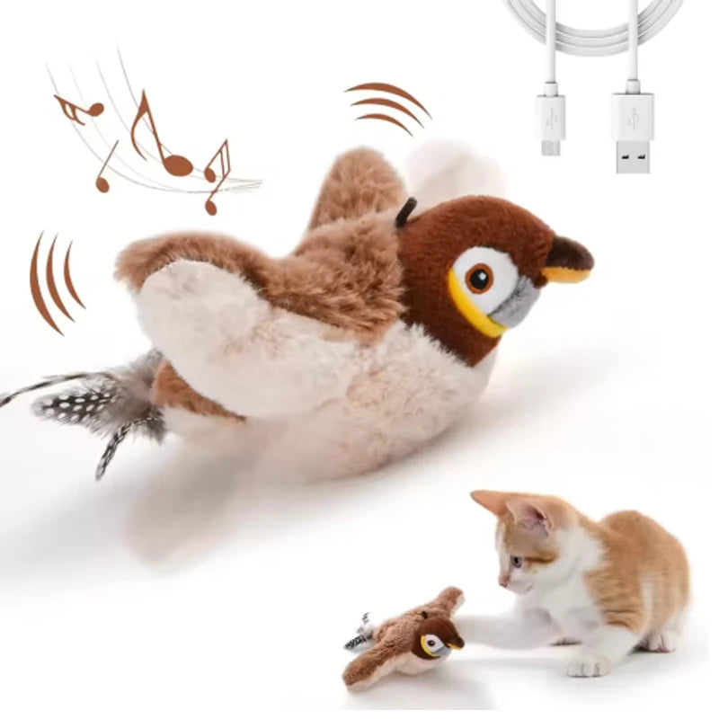 Interactive Chirping Flapping Plush Bird Cat Toy With Touch Activation