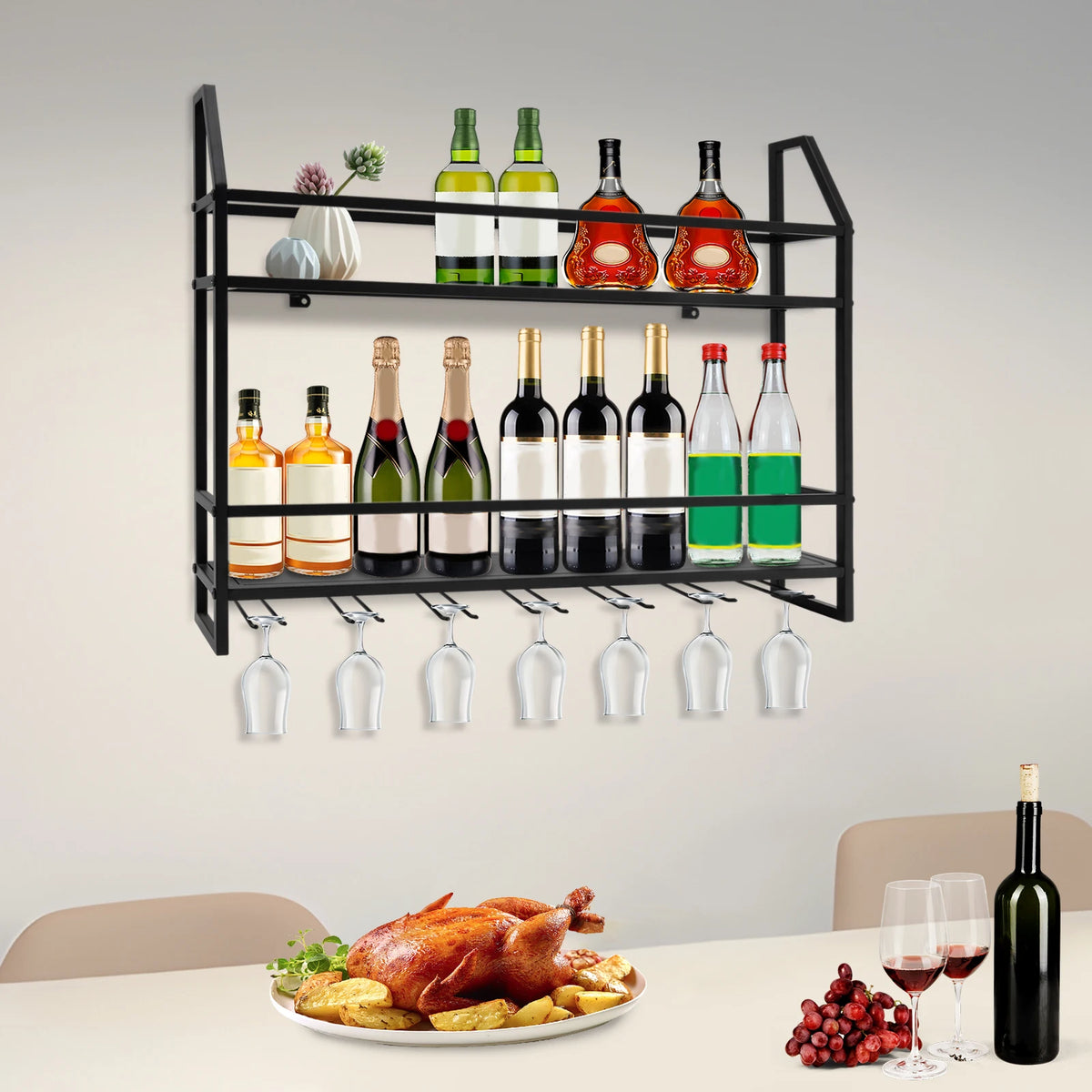 Wall Mounted Metal Wine Rack With Glass Holder Shelf