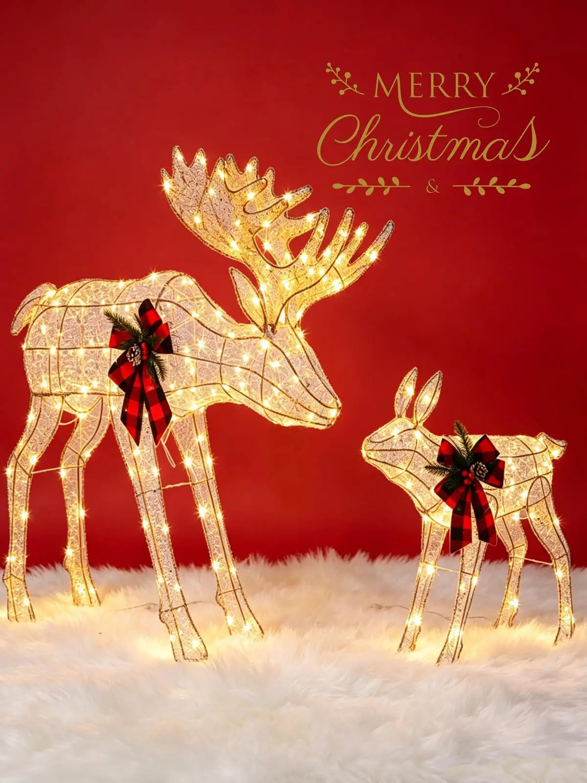2 Piece Lighted Christmas Reindeer Family Outdoor Yard Decoration with 240 LED Lights Gold Glowing Reindeer Lawn Ornament Holiday Party Garden Yard Decor Winter Festival Outdoor Display