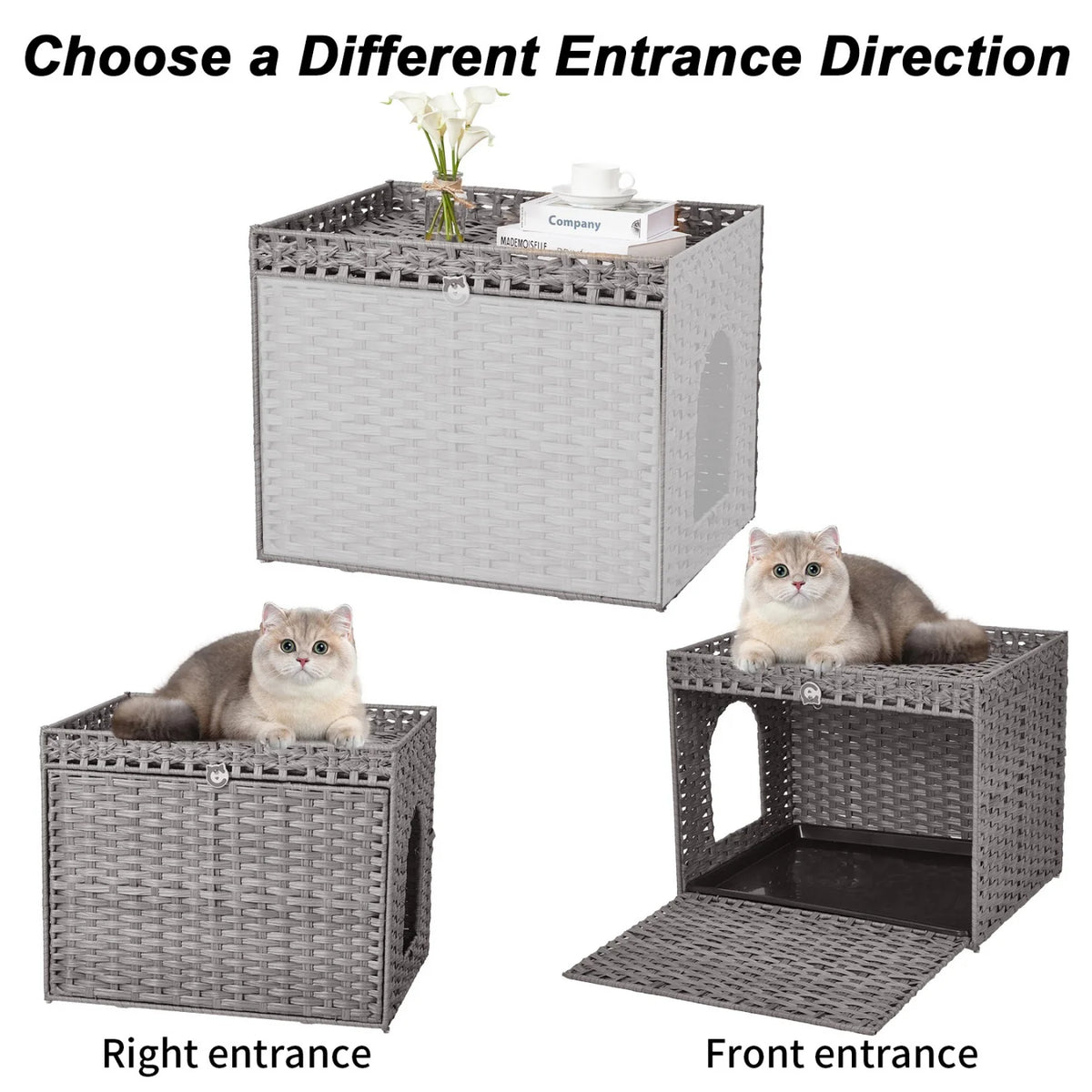 Large Hidden Cat Litter Box Furniture Cabinet, Rattan Cat Washroom Enclosure with Mat, Indoor Cat Toilet