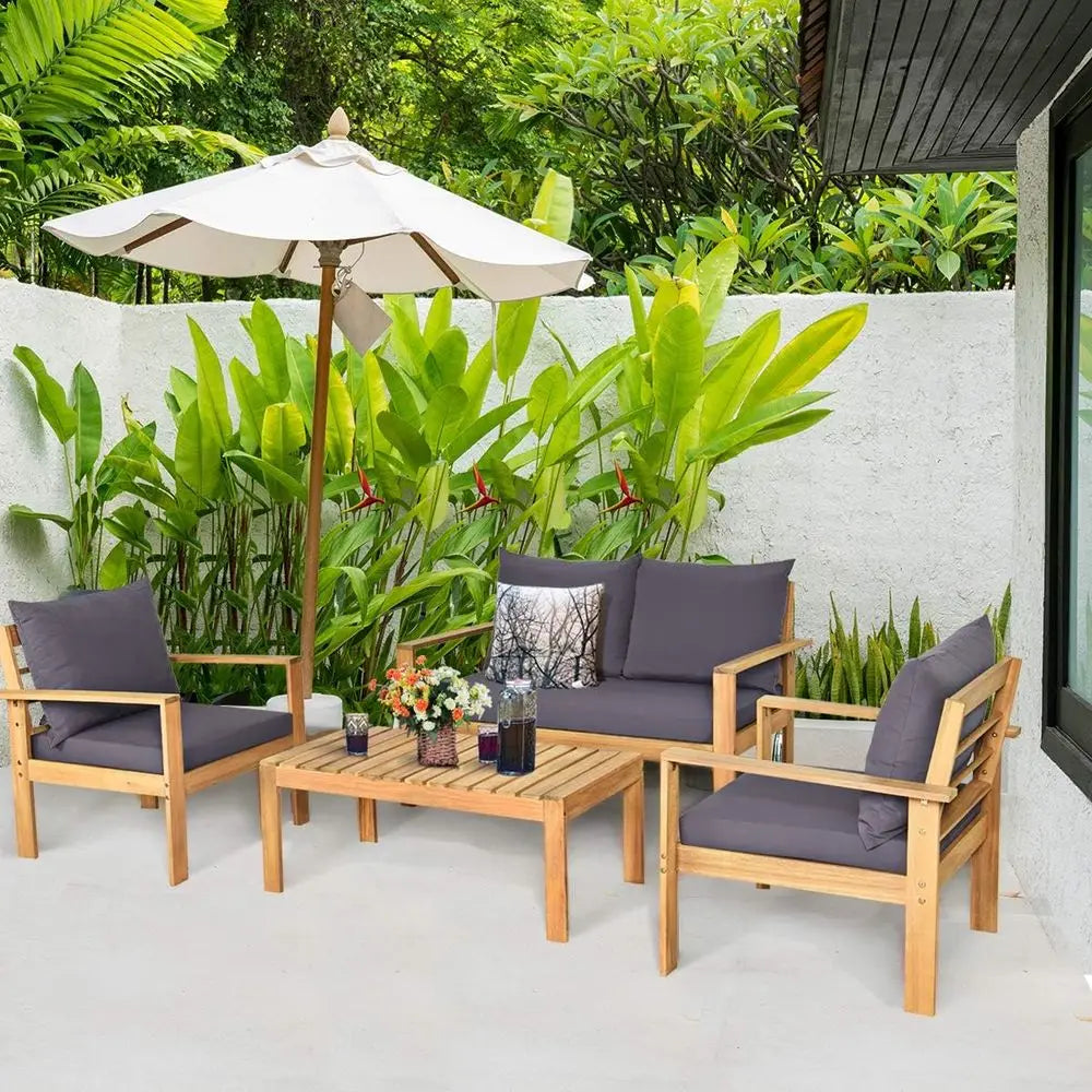 4 Piece Outdoor Acacia Wood Patio Sofa Set With Cushions