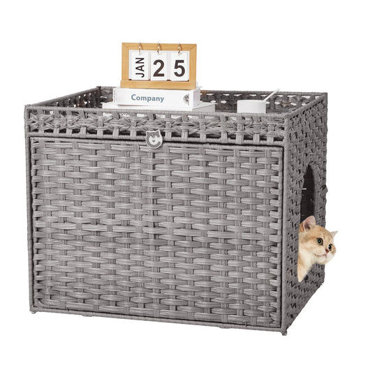 Large Hidden Cat Litter Box Furniture Cabinet, Rattan Cat Washroom Enclosure with Mat, Indoor Cat Toilet