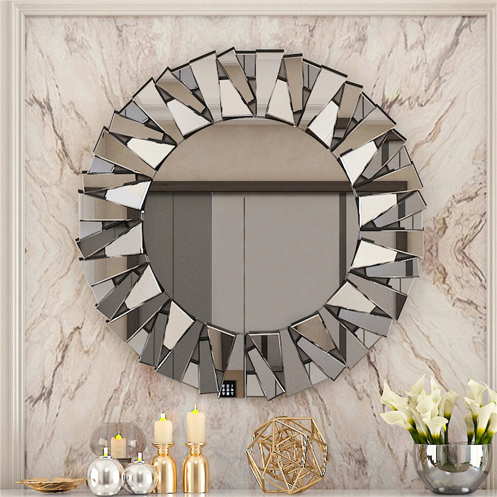 Sunburst Round Decorative Wall Mirror With Beveled Glass Accent