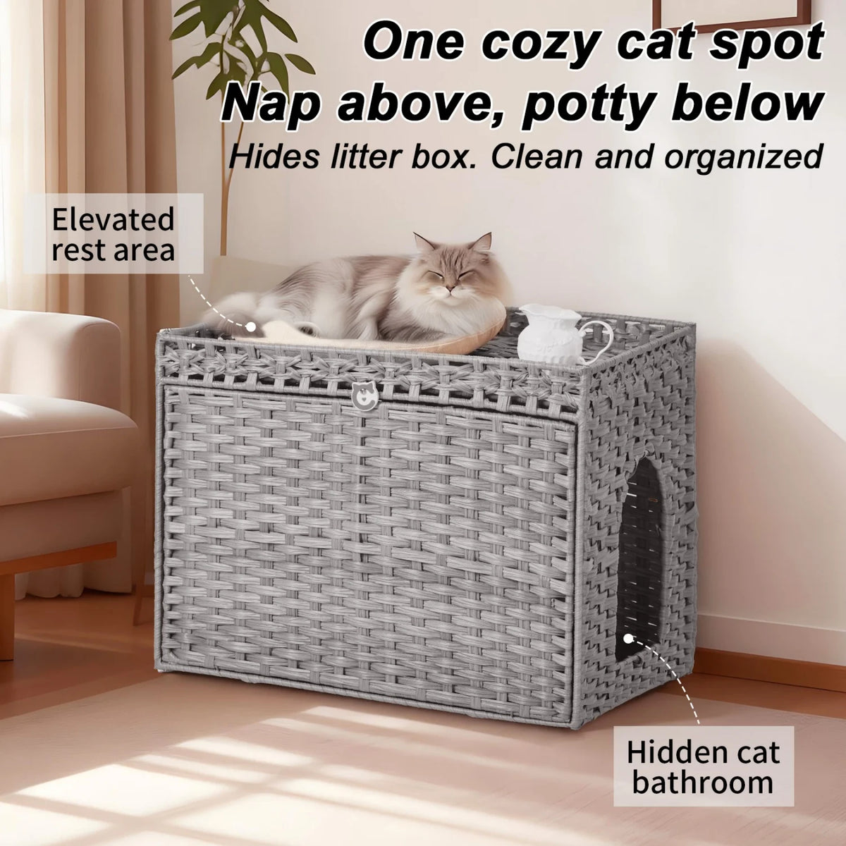 Large Hidden Cat Litter Box Furniture Cabinet, Rattan Cat Washroom Enclosure with Mat, Indoor Cat Toilet