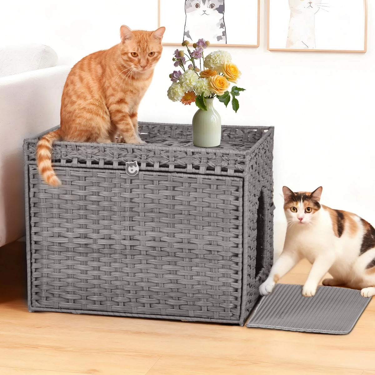 Large Hidden Cat Litter Box Furniture Cabinet, Rattan Cat Washroom Enclosure with Mat, Indoor Cat Toilet