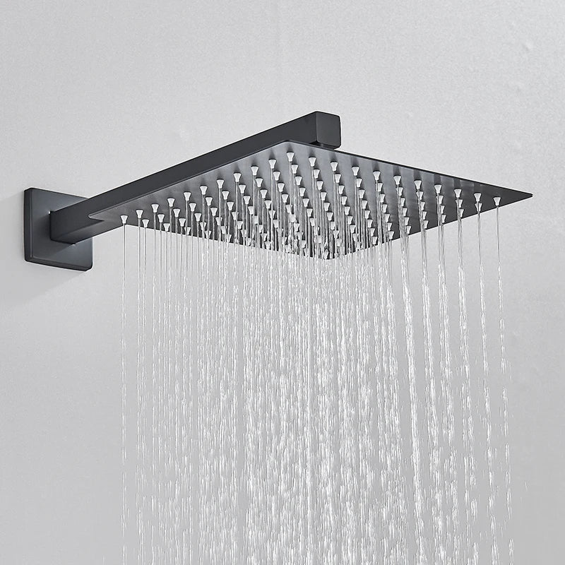 Quyanre Matte Black Shower Faucets Set Rain Waterfall Concealed Shower System Wall Mount Bathtub Shower Mixer Shower Combo Set