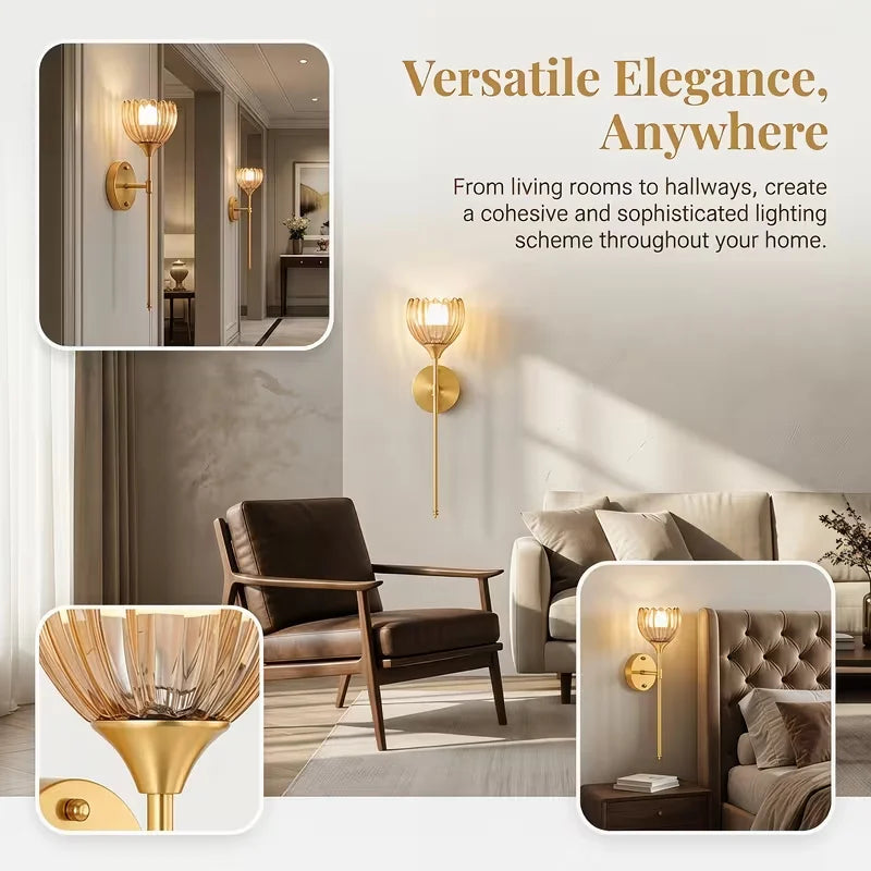 2-Pack Golden Flower Wall Sconces Amber Glass Bedside Wall Lamps Versatile Elegance Anywhere Modern Brass Wall Light Fixtures for Bedroom Hallway Living Room
