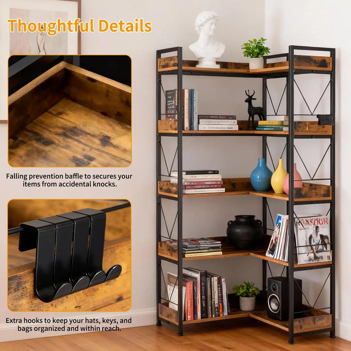 JHK L Shaped Bookshelf With Five Tiers And Metal Frame