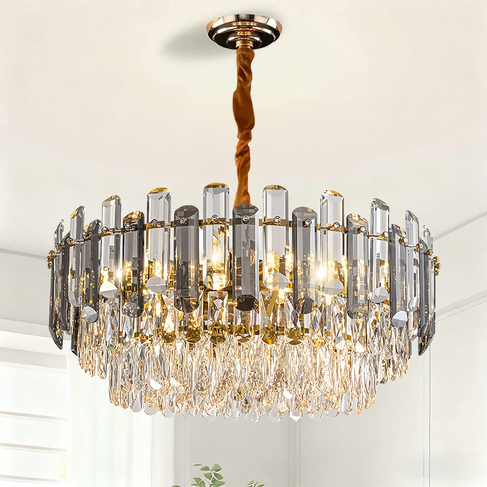 Gold Crystal Chandelier – Adjustable Round K9 Crystal Chandelier – Modern Crystal Chandelier Suitable for Dining Room, Living Room, Kitchen Island, Bedroom, Foyer, and Entryway (Bulbs Not Included)