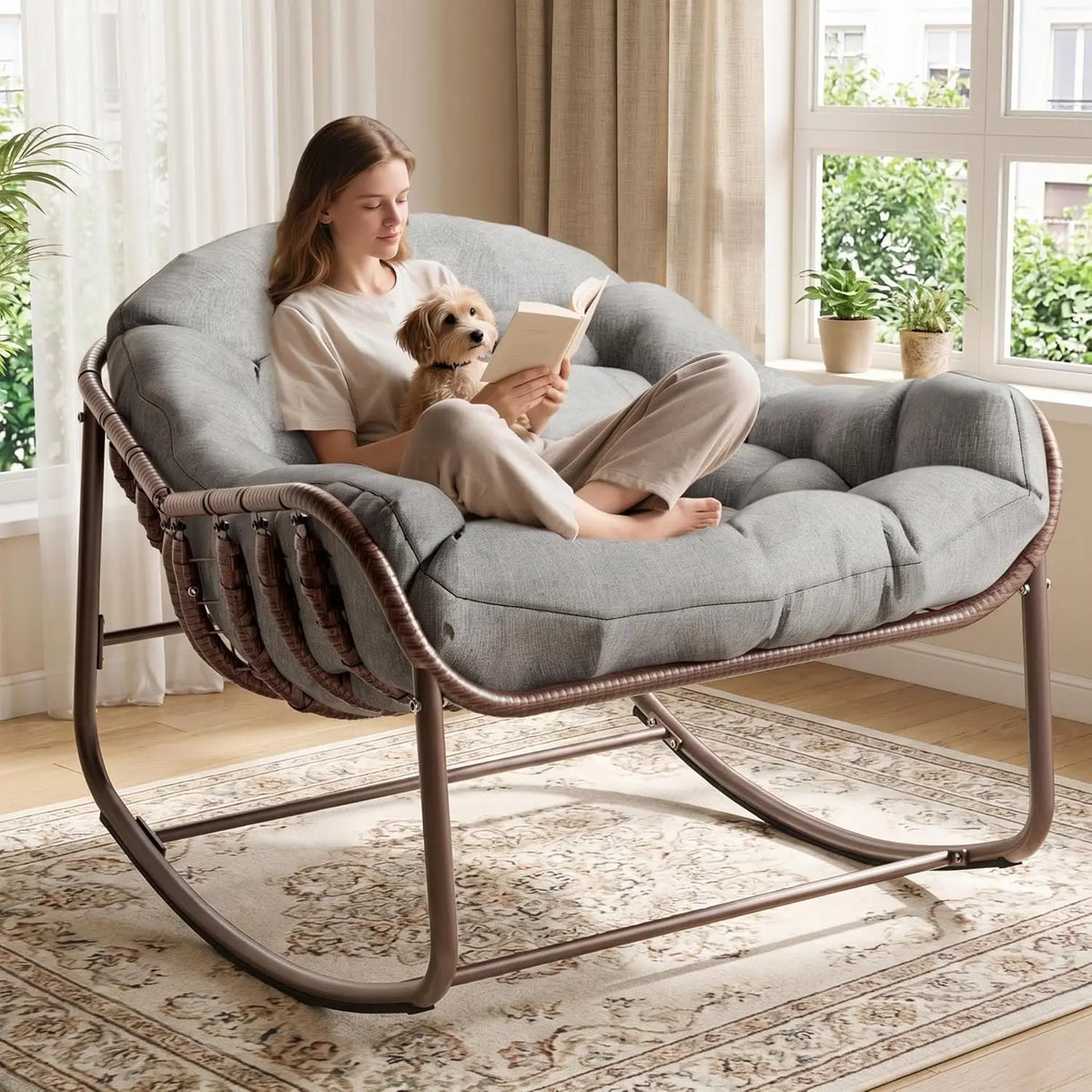 HiMISS Outdoor Papasan Egg Rocking Chair With Wicker Lounge Cushion