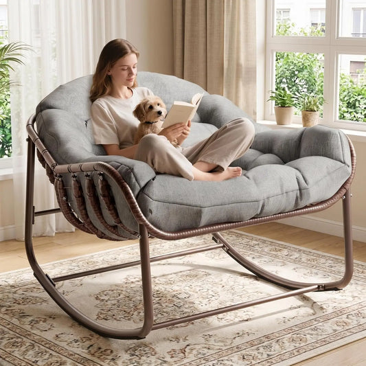 HiMISS Outdoor Papasan Egg Rocking Chair With Wicker Lounge Cushion