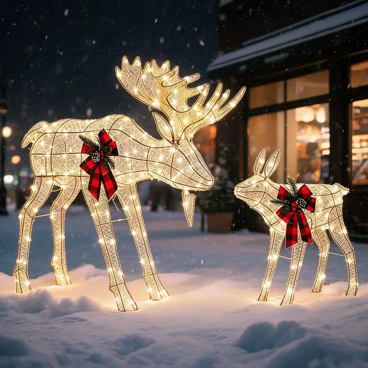 2 Piece Lighted Christmas Reindeer Family Outdoor Yard Decoration with 240 LED Lights Gold Glowing Reindeer Lawn Ornament Holiday Party Garden Yard Decor Winter Festival Outdoor Display