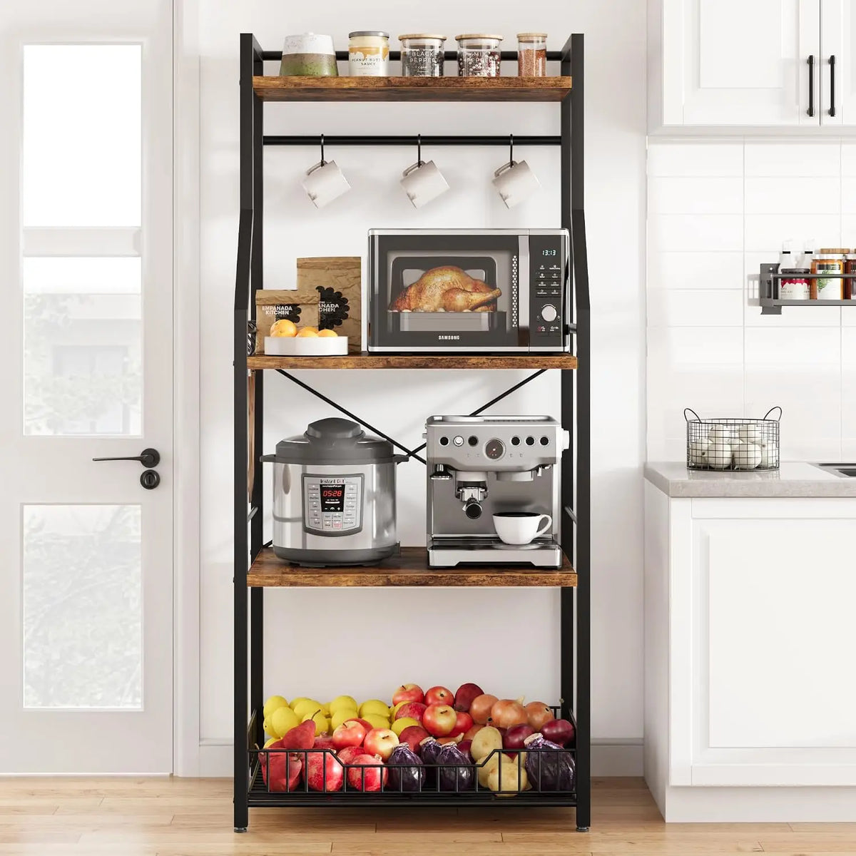 Garvee Four Tier Metal Storage Rack With Hooks For Kitchens