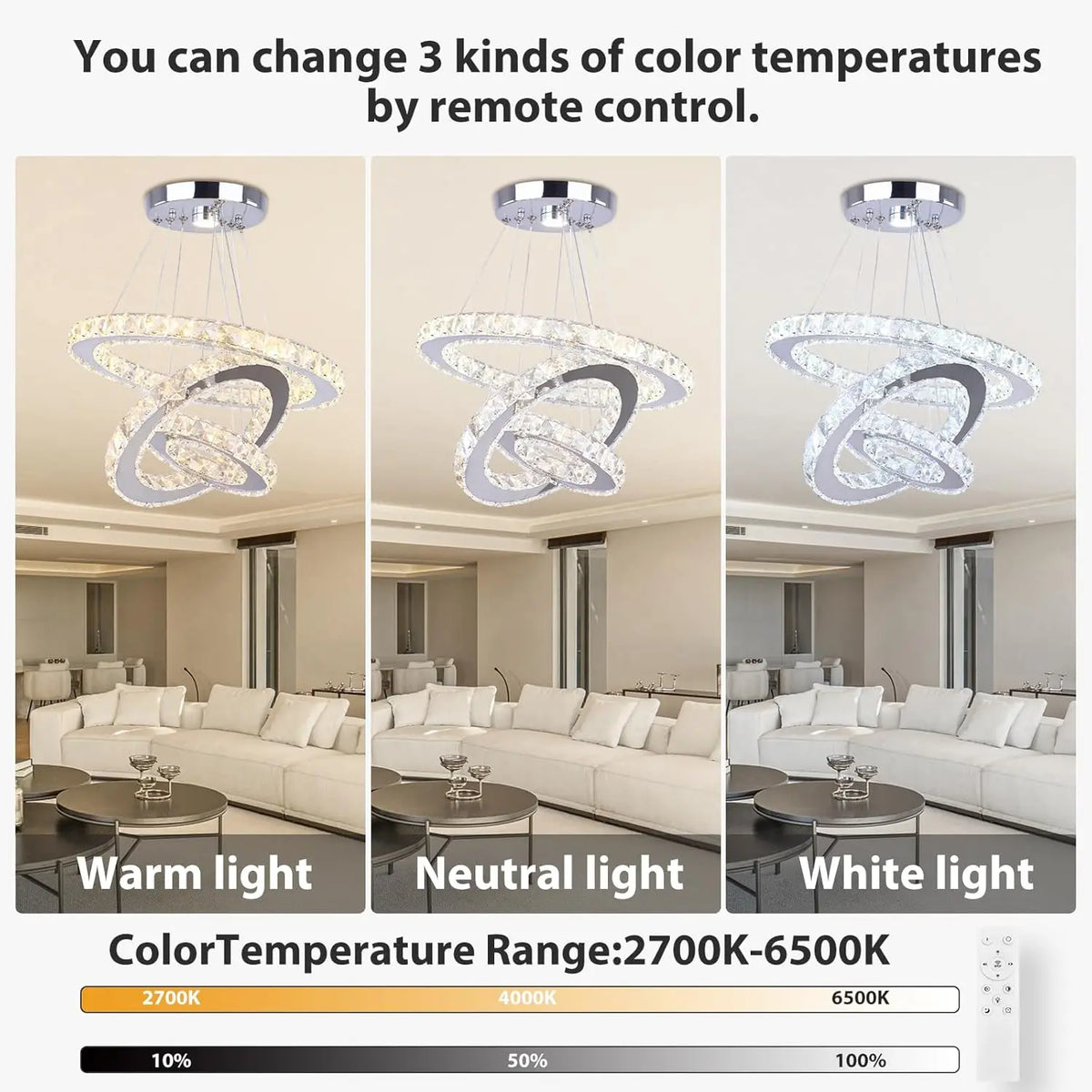 3-Ring Crystal Pendant Light, Adjustable LED, Dimmable | Modern Hanging Chandelier for Dining Room, Kitchen Island, Bedroom or Living Room