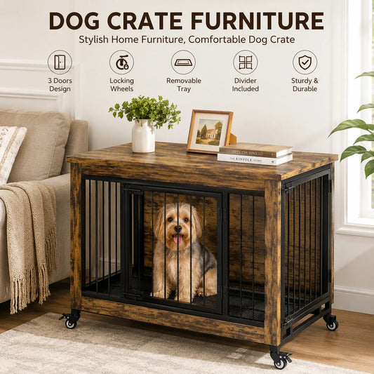 ANIXOL Wooden Dog Crate Furniture With Locking Wheels and Tray