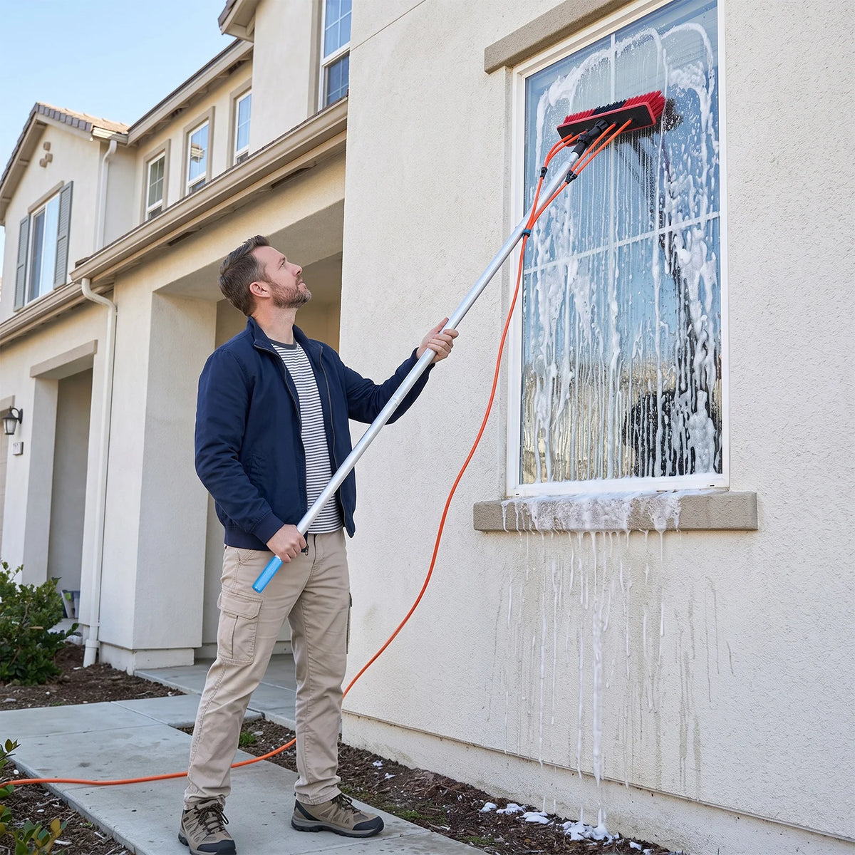Adjustable Water Fed Window Cleaning Pole With Brush And Squeegee