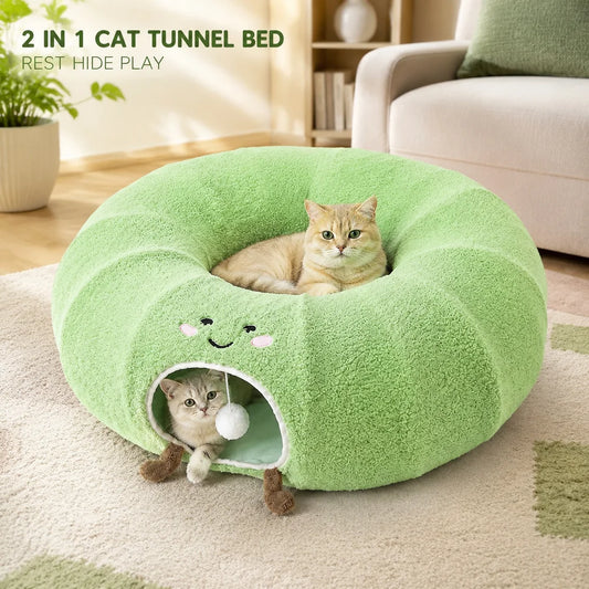 Convertible Cat Tunnel Bed Plush Donut Cushion And Play Tunnel