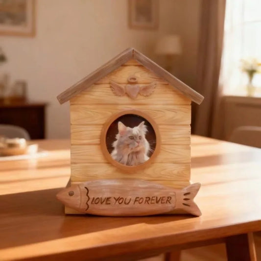 Wood-Look Resin Pet Urn with Replaceable Photo Storage Box for Storing Ashes, Suitable for Cat Cremation, Burial, and Memorial Keepsake