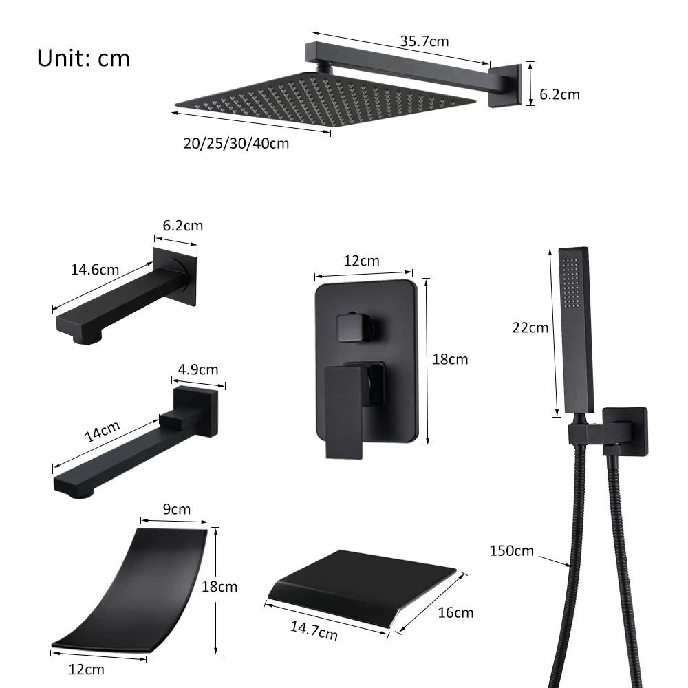 Quyanre Matte Black Shower Faucets Set Rain Waterfall Concealed Shower System Wall Mount Bathtub Shower Mixer Shower Combo Set