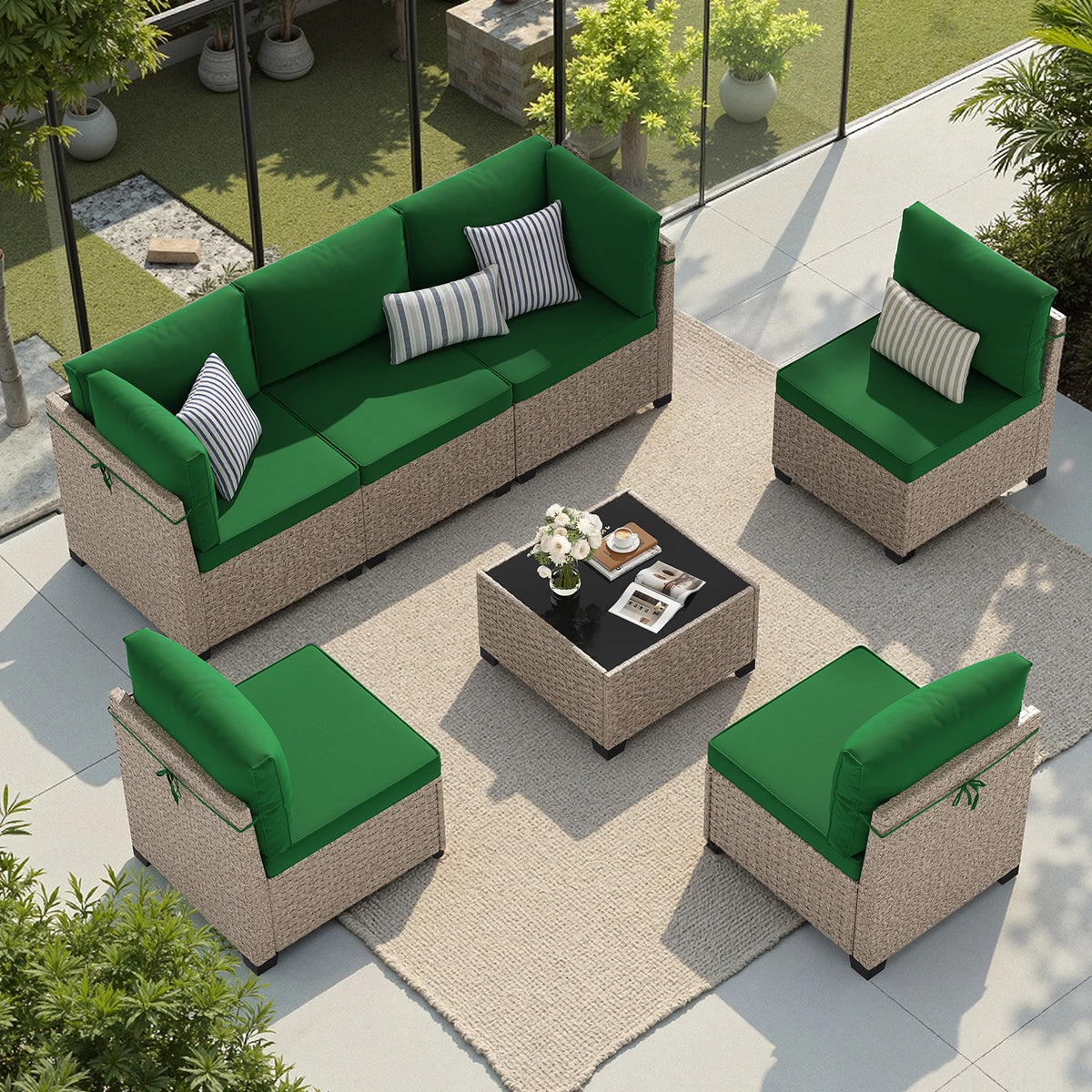 Soohow Outdoor Rattan Sectional Sofa Set With Tempered Glass Table