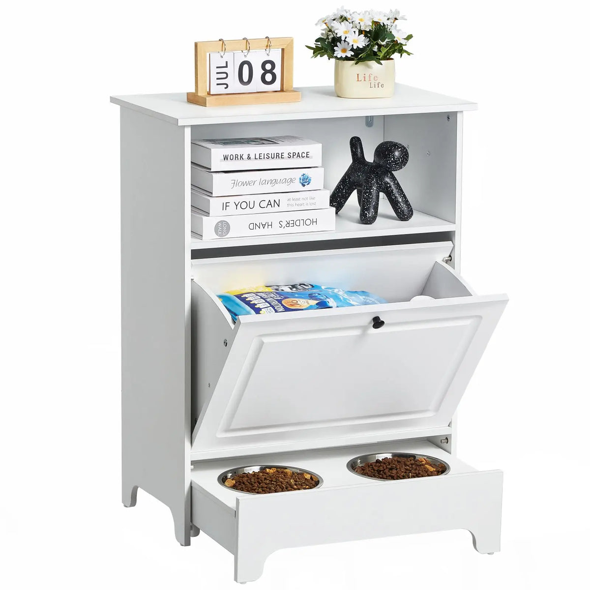 Elevated Pet Feeding Station With Stainless Steel Bowls And Storage