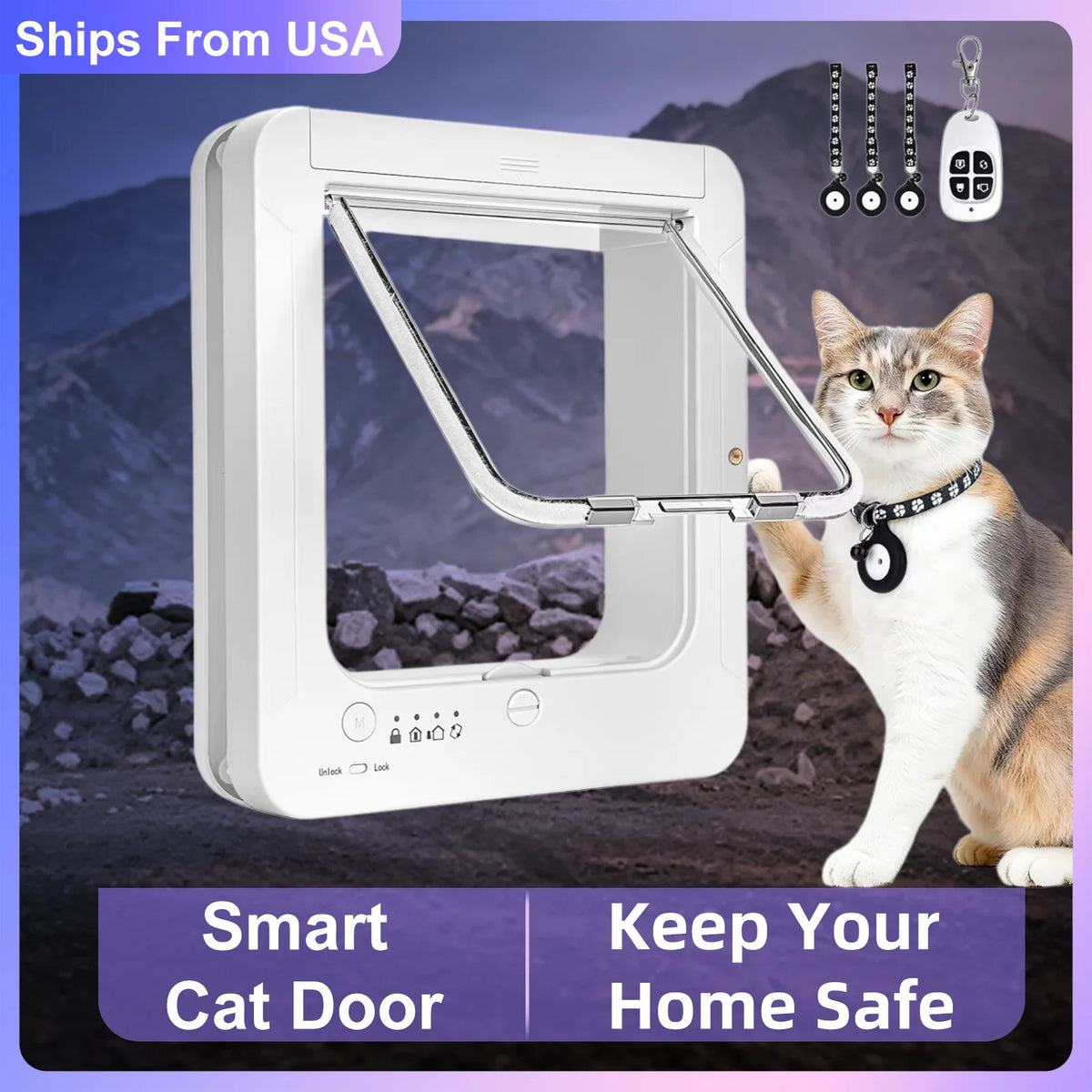 RFID Smart Cat Door Collar Activated Automatic Microchip Pet Flap 4 Way Controllable Direction Anti-Pinch Safe Electronic Sensing Pet Door Easy Install for Wood Glass Sliding Door Home Use