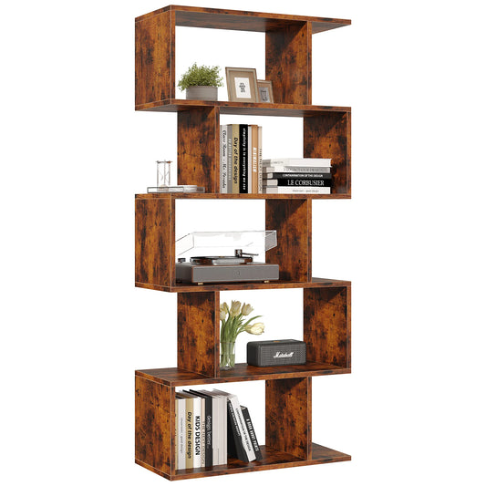 JHK 62IN Geometric Bookcase 5 Tier S-Shaped Wooden Display Bookshelf Storage Standing Shelf Stable Frame Graduated Shelves