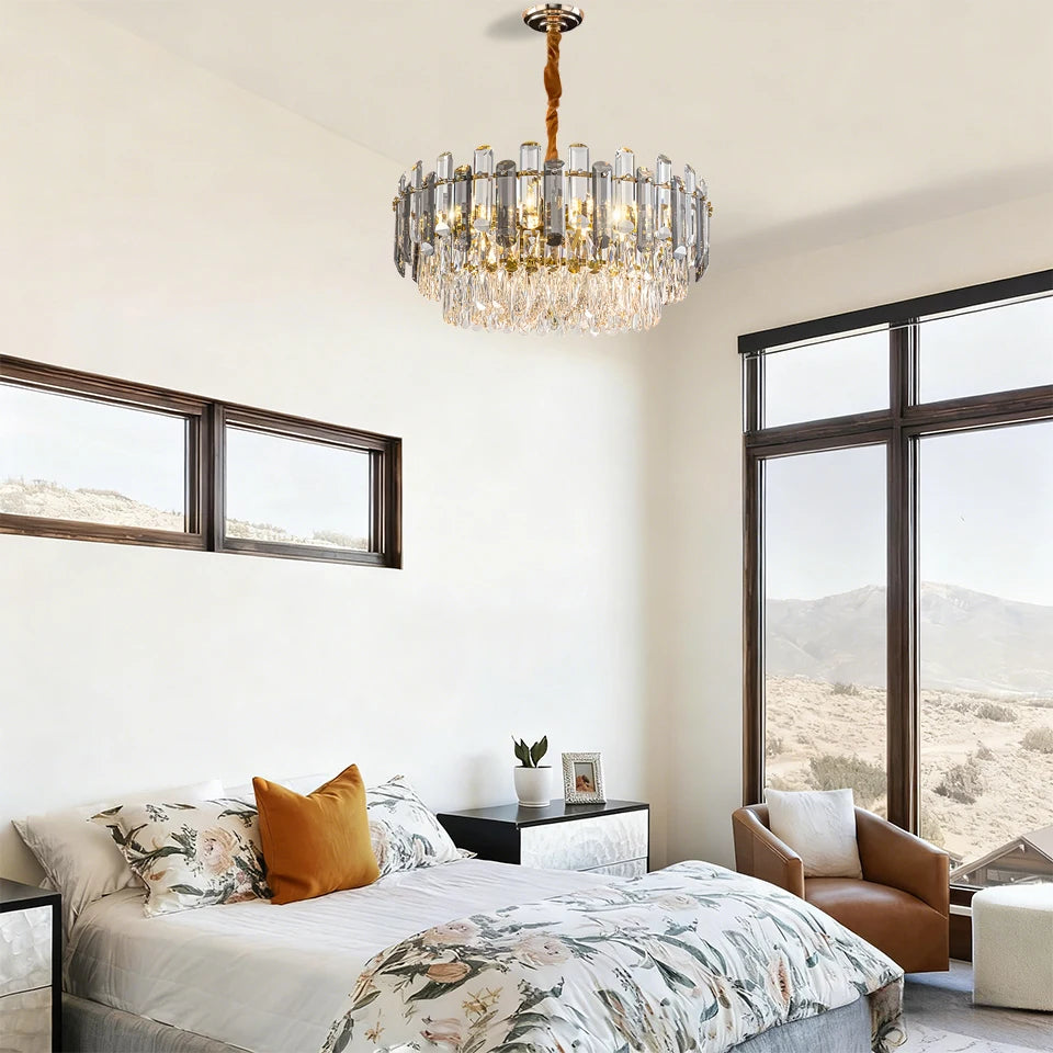 Gold Crystal Chandelier – Adjustable Round K9 Crystal Chandelier – Modern Crystal Chandelier Suitable for Dining Room, Living Room, Kitchen Island, Bedroom, Foyer, and Entryway (Bulbs Not Included)