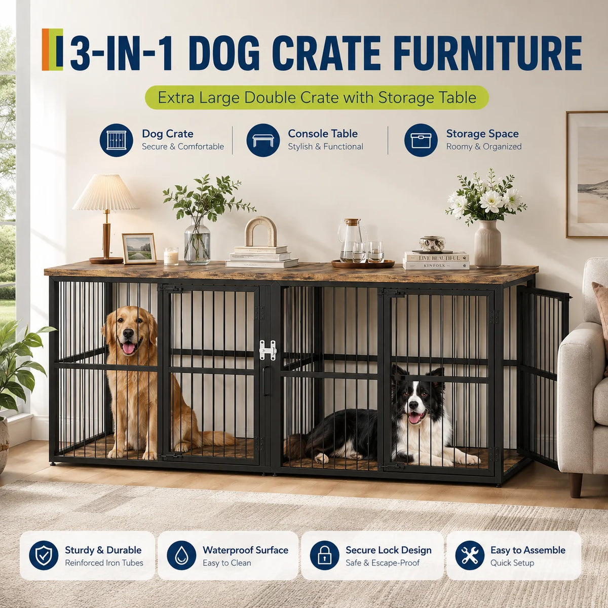 Double Dog Crate Furniture With Divider And Storage Cabinet
