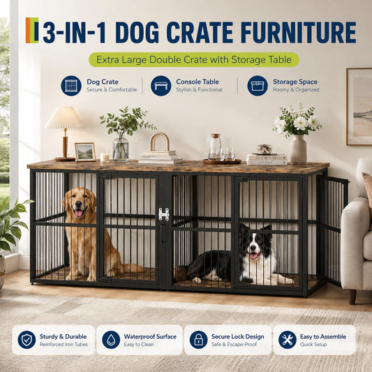 Double Dog Crate Furniture With Divider And Storage Cabinet