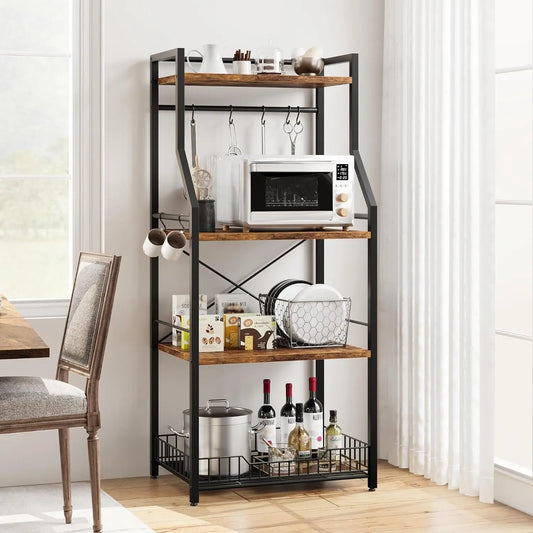 Garvee Four Tier Metal Storage Rack With Hooks For Kitchens