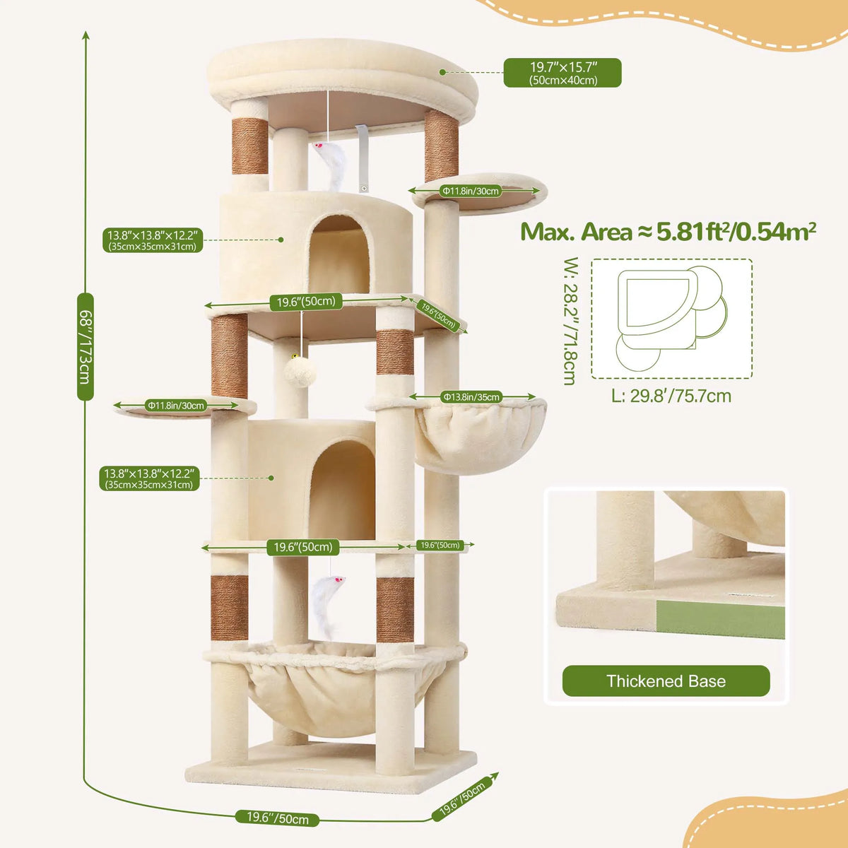 Globlazer 68" Cat Tree Tower for Indoor Cats, Aesthetic Multi-Level Cat Climbing Activity Center with 2 Condos, 2 Hammocks, Sisal Scratching Posts for 2-3 Medium Large Cats