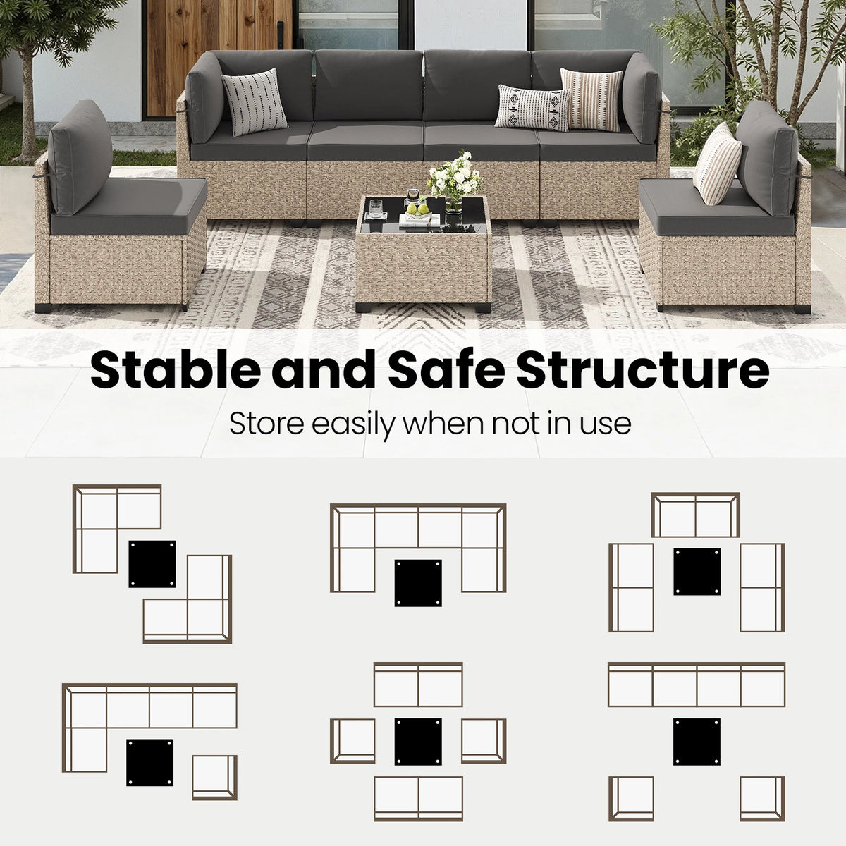 Soohow Outdoor Rattan Sectional Sofa Set With Tempered Glass Table