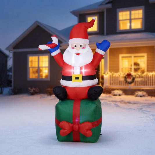 6ft Inflatable Santa Claus on Gift Box Outdoor Christmas Yard Decoration Height 180cm Blow Up Holiday Party Winter Festival Garden Home Display Festive Decor Ornament Supplies Equipment