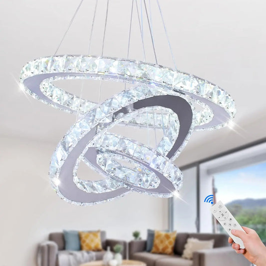 3-Ring Crystal Pendant Light, Adjustable LED, Dimmable | Modern Hanging Chandelier for Dining Room, Kitchen Island, Bedroom or Living Room