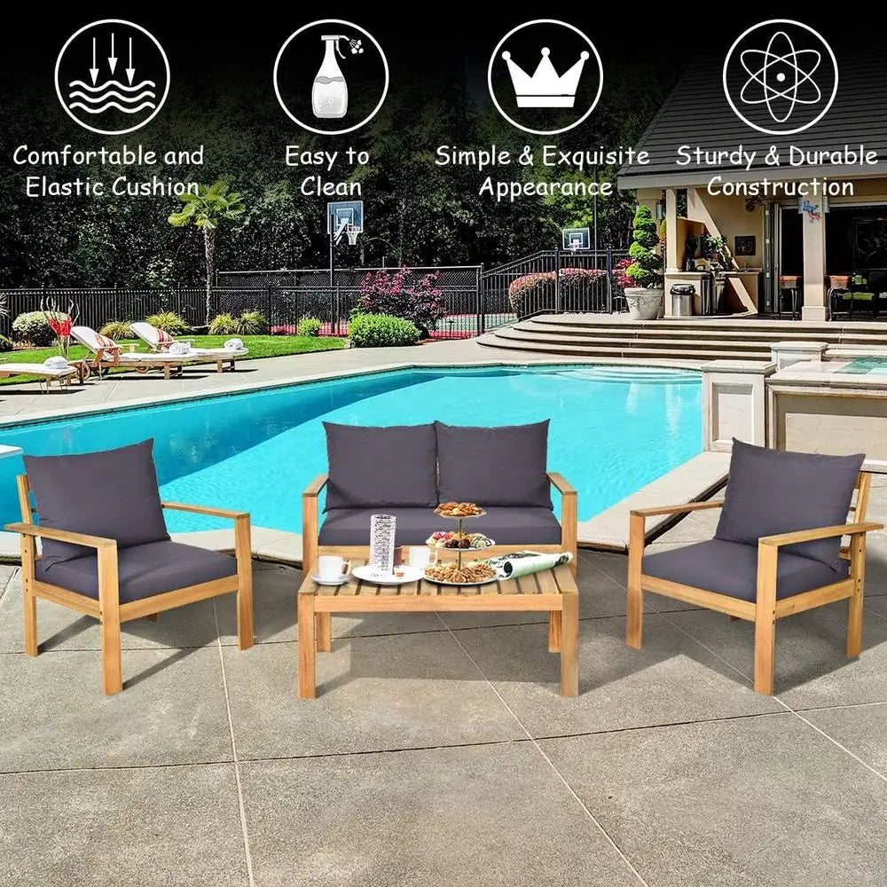 4 Piece Outdoor Acacia Wood Patio Sofa Set With Cushions