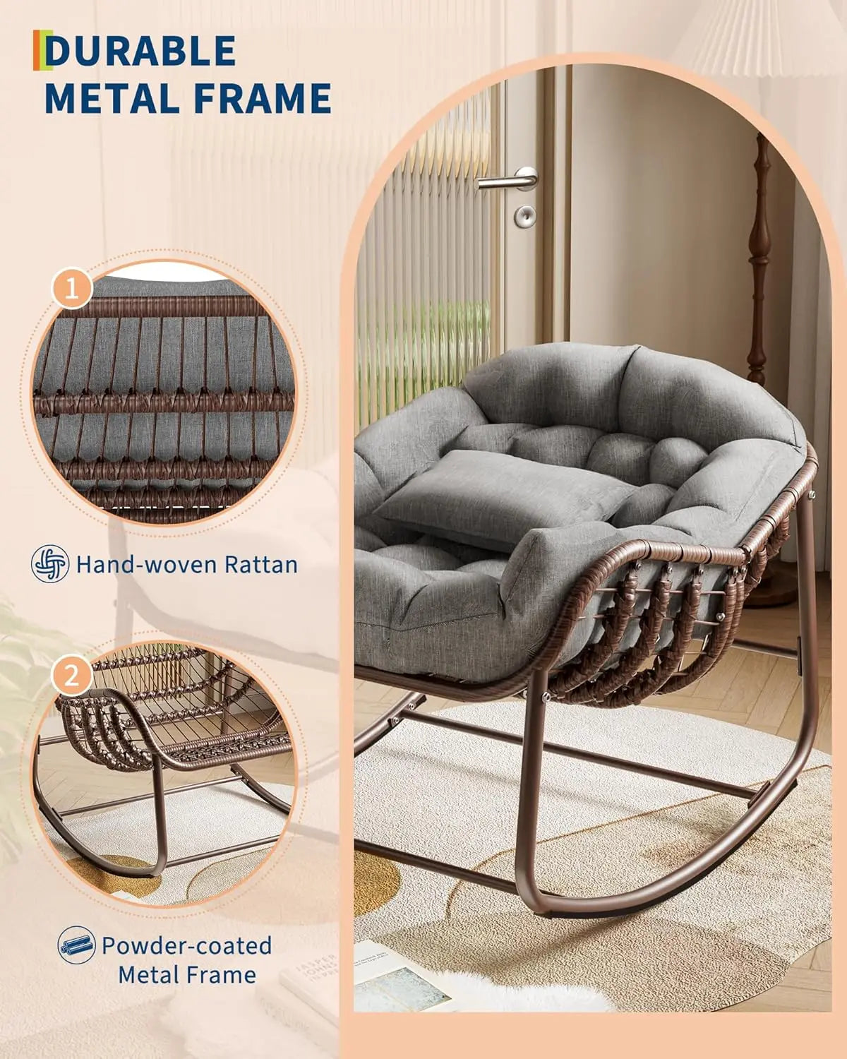 HiMISS Outdoor Papasan Egg Rocking Chair With Wicker Lounge Cushion