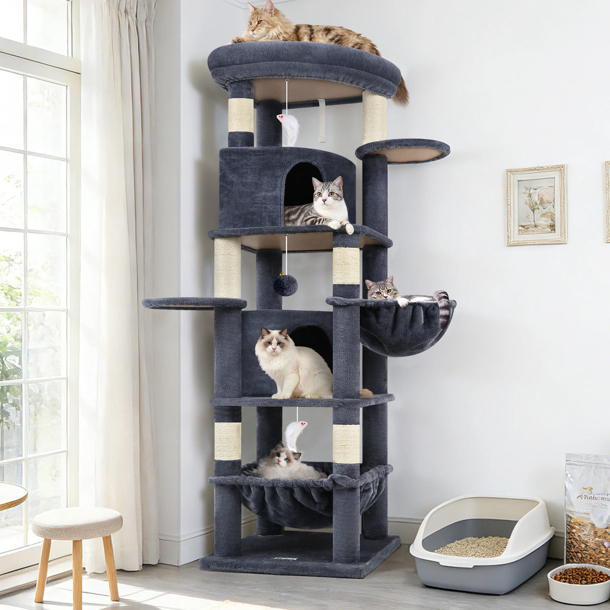 Globlazer 68" Cat Tree Tower for Indoor Cats, Aesthetic Multi-Level Cat Climbing Activity Center with 2 Condos, 2 Hammocks, Sisal Scratching Posts for 2-3 Medium Large Cats