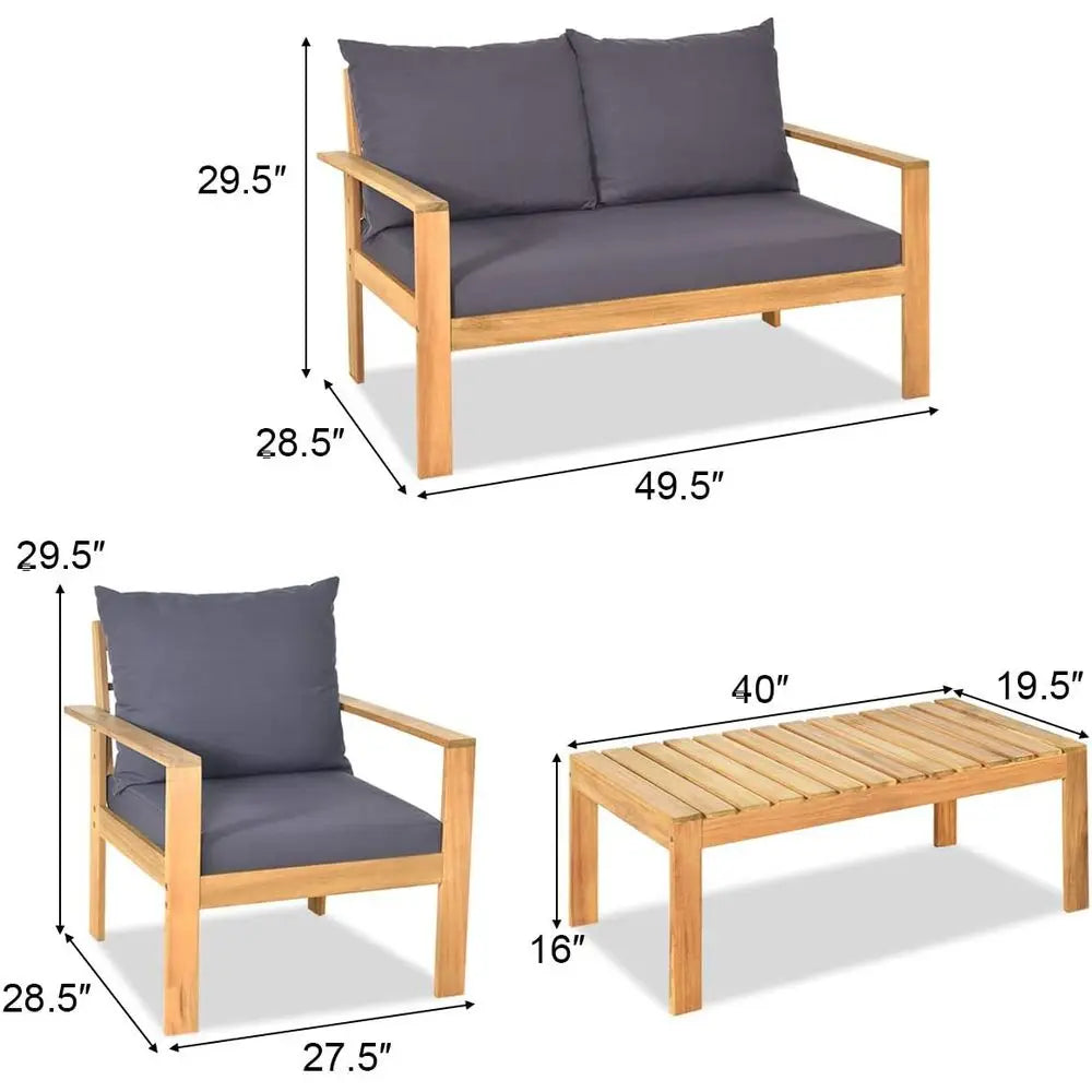 4 Piece Outdoor Acacia Wood Patio Sofa Set With Cushions
