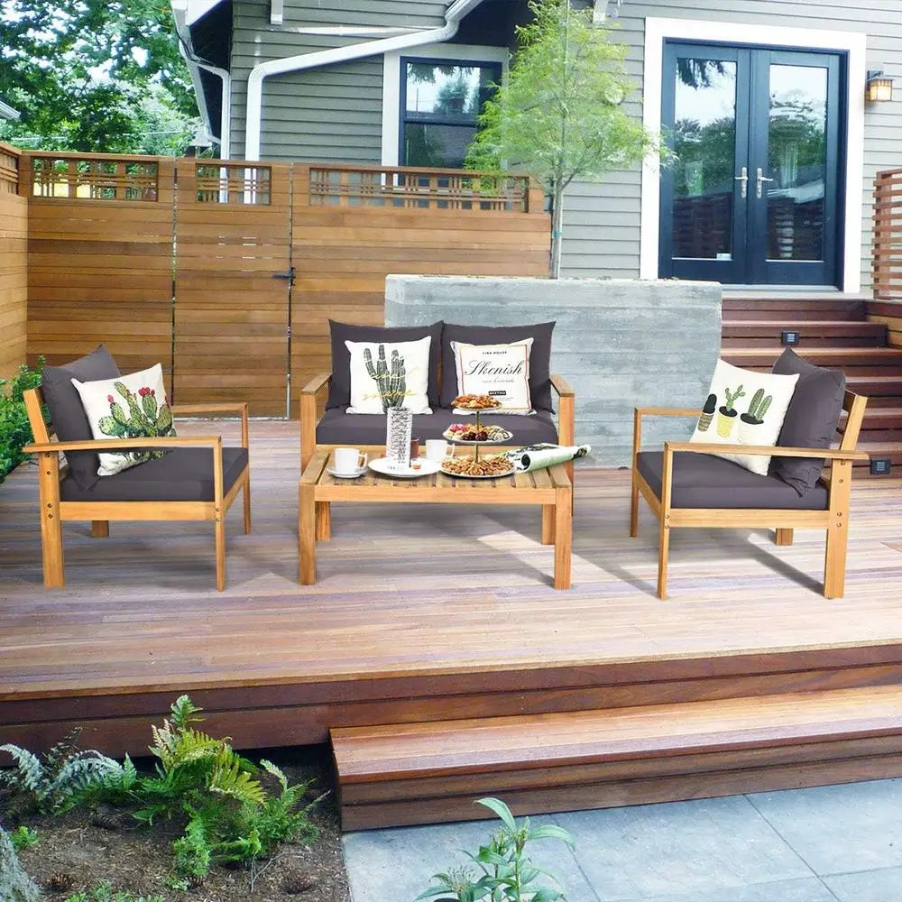 4 Piece Outdoor Acacia Wood Patio Sofa Set With Cushions