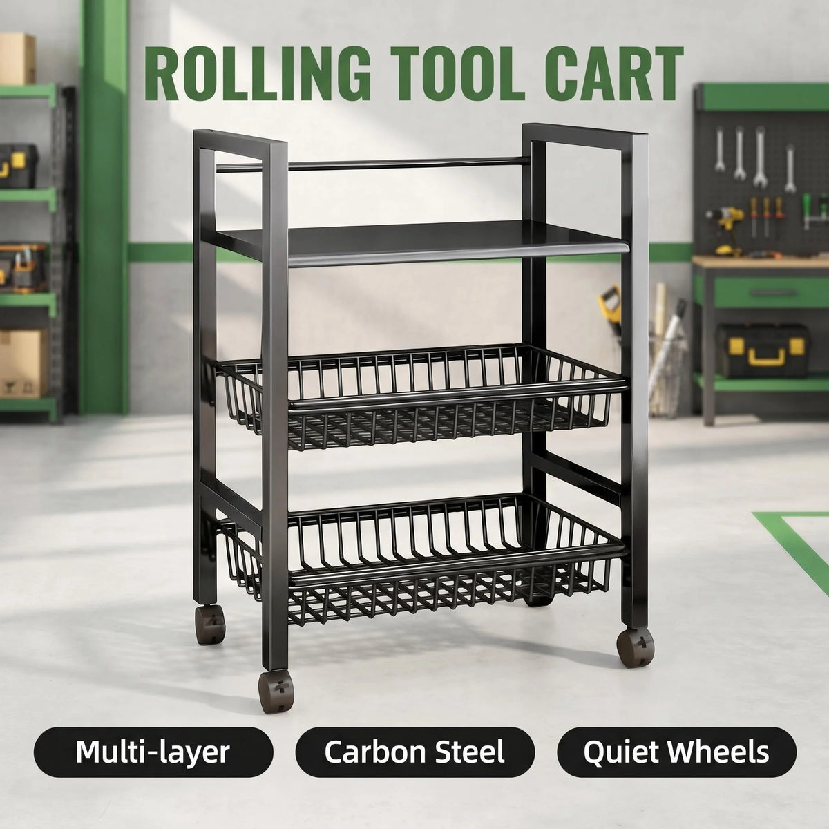 Three Tier Rolling Storage Cart With Pull Out Mesh Baskets