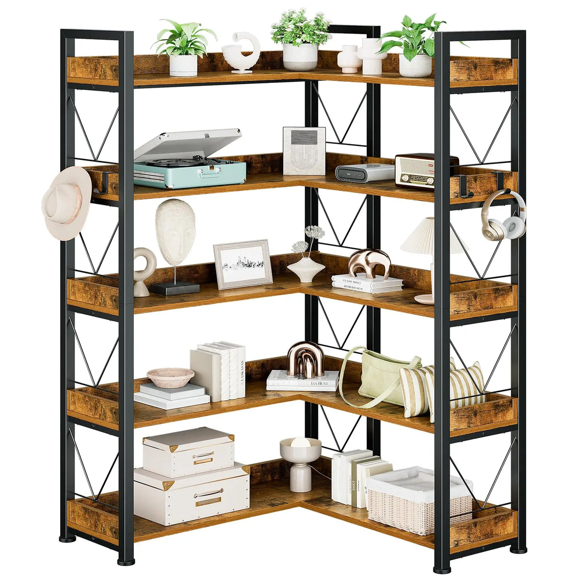 JHK L Shaped Bookshelf With Five Tiers And Metal Frame