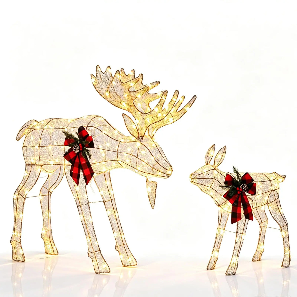 2 Piece Lighted Christmas Reindeer Family Outdoor Yard Decoration with 240 LED Lights Gold Glowing Reindeer Lawn Ornament Holiday Party Garden Yard Decor Winter Festival Outdoor Display