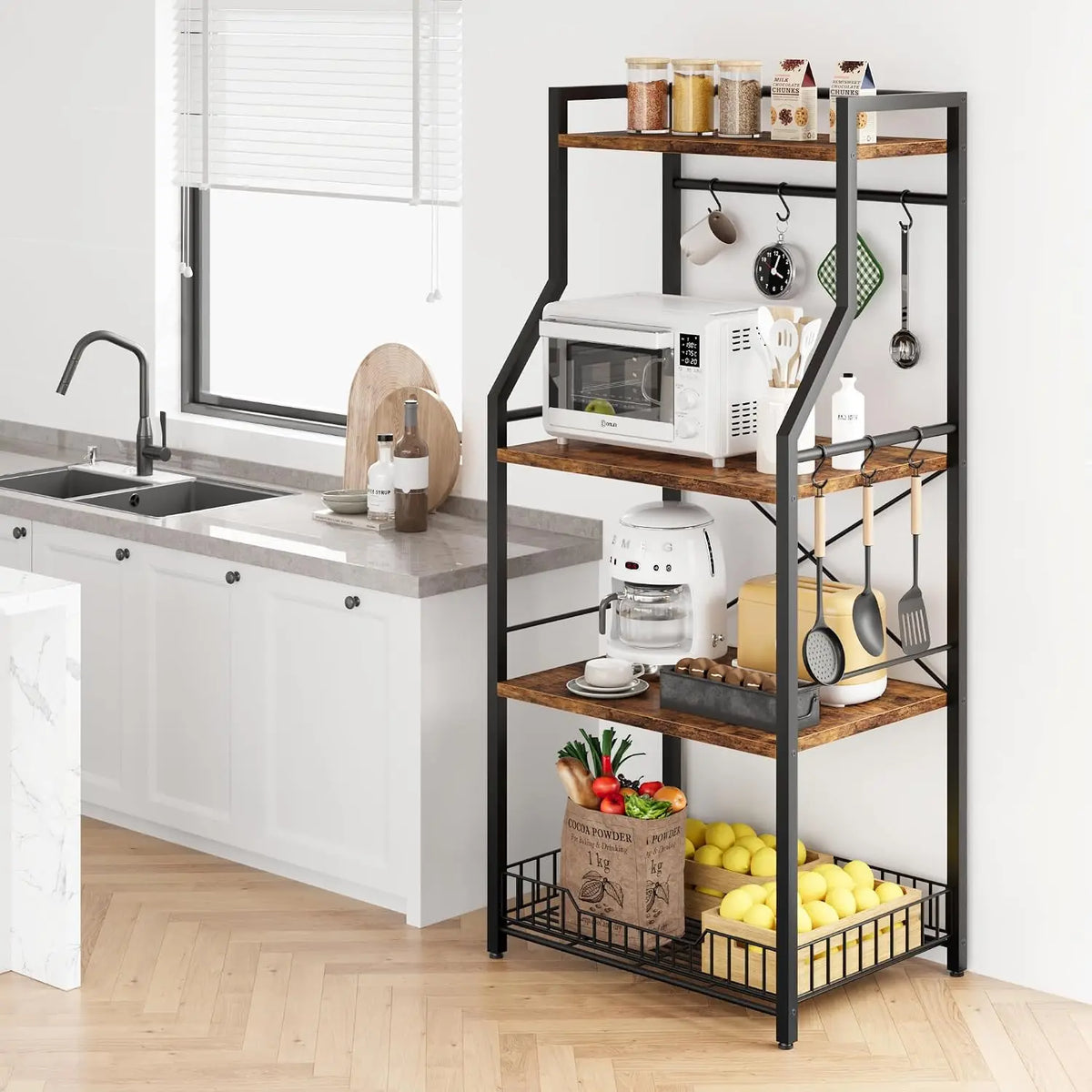 Garvee Four Tier Metal Storage Rack With Hooks For Kitchens