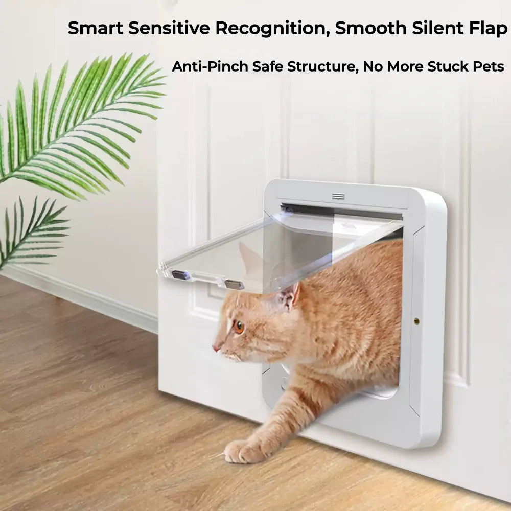 RFID Smart Cat Door Collar Activated Automatic Microchip Pet Flap 4 Way Controllable Direction Anti-Pinch Safe Electronic Sensing Pet Door Easy Install for Wood Glass Sliding Door Home Use